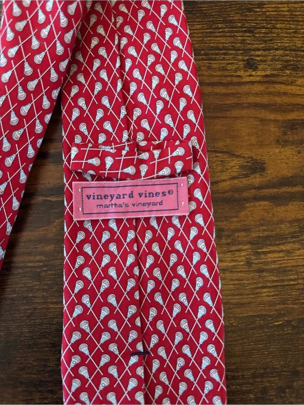 Vineyard Vines red, silk Tie with Lacrosse Motif